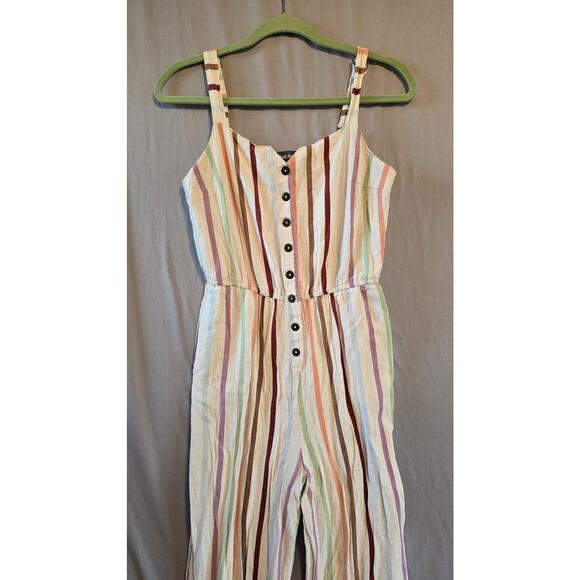ModCloth Jumpsuit Womens Medium Stripe Pastel Linen Blend Button Front Wide Leg - Picture 2 of 10